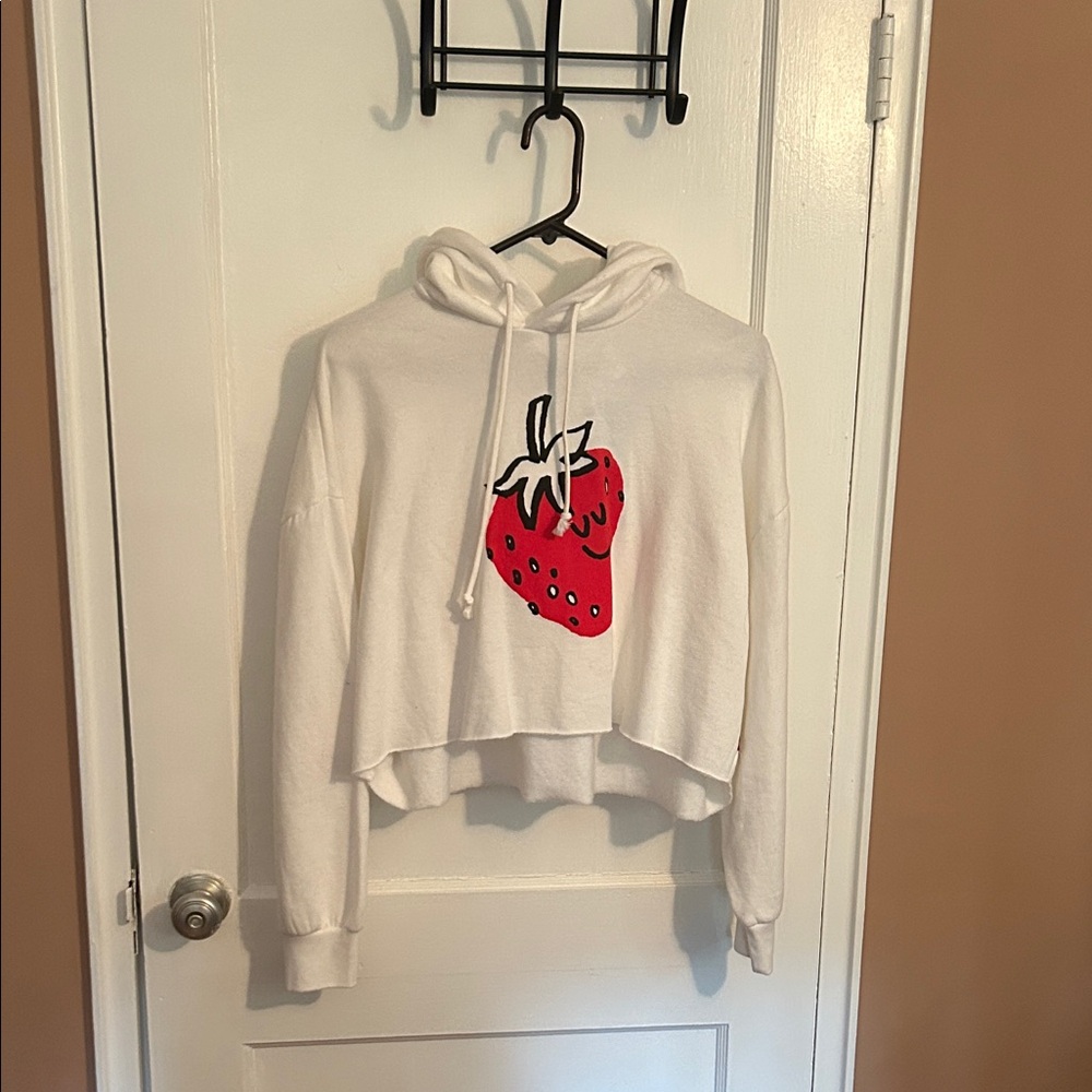 Levi's White Cropped Hoodie Sweater with Red Strawberry Graphic